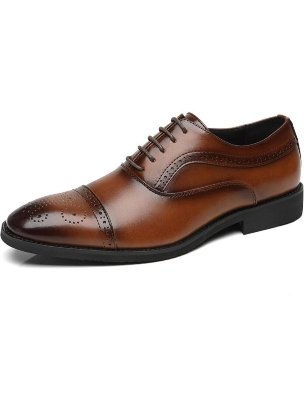 Men Cognac Leather Burnished Cap Toe Formal Business Brogue Punched Oxford Shoes